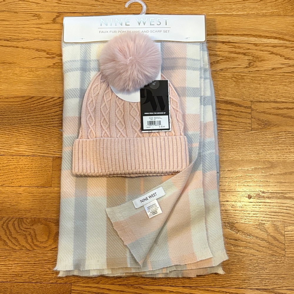 Nine West Soft Pink and Cream Plaid Scarf and Hat Set